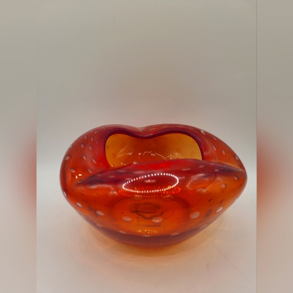 Vintage MCM Amberina Glass Cigar Ashtray Set Controlled Bubble